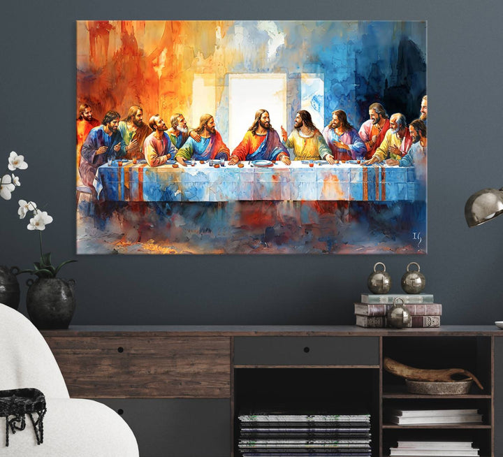 The Abstract Watercolor The Last Supper Wall Art with a gallery finish hangs prominently.