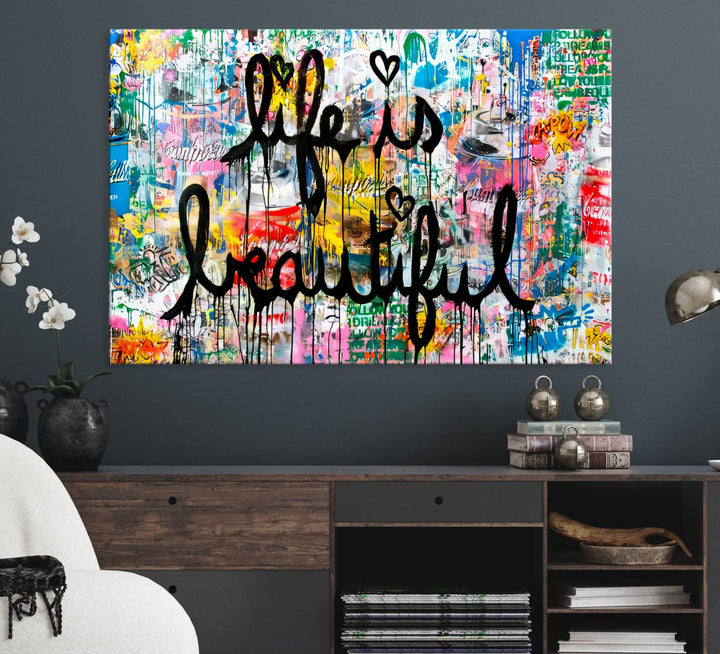 The Life Beautiful graffiti style canvas print is showcased in black script.