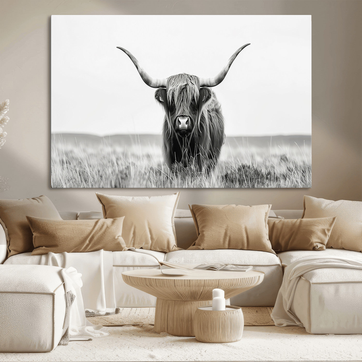 MGV-CV-36X24 - Highland Cow Canvas Wall Art – Majestic Beauty in Black and White – Ready to Hang