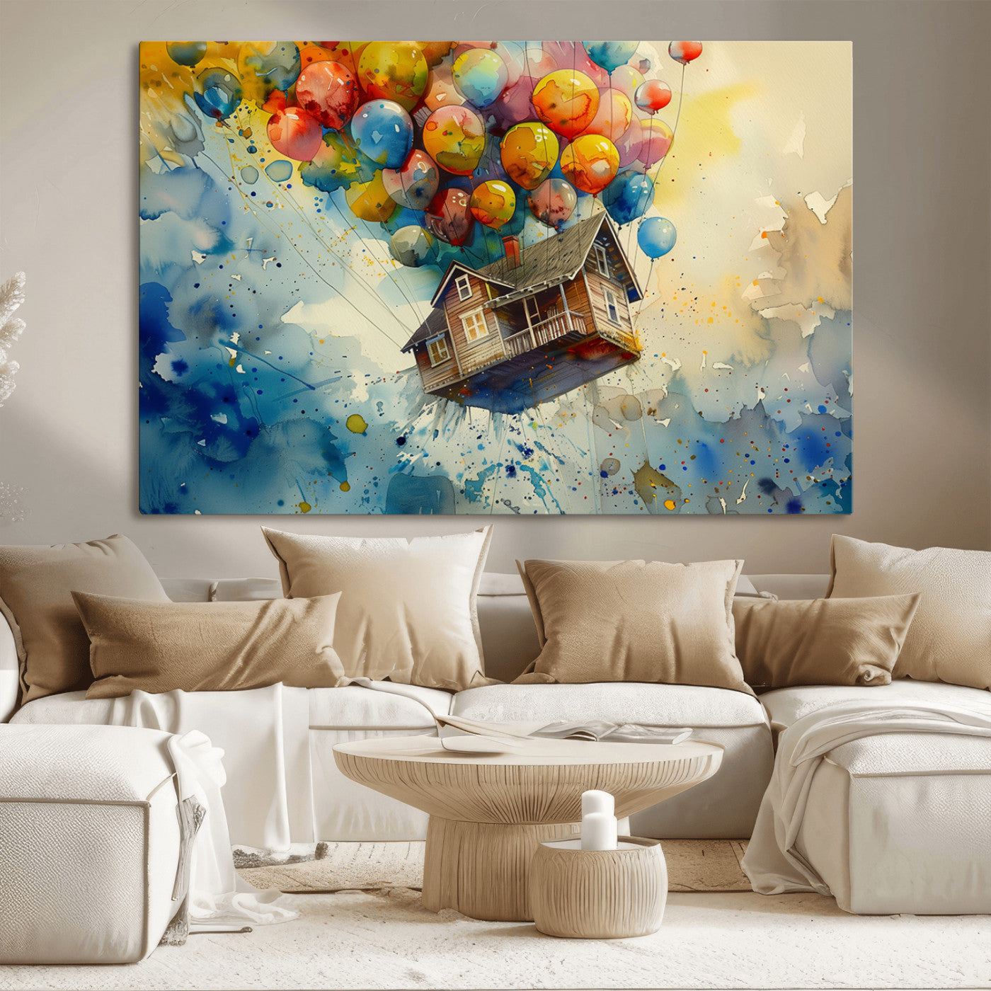 MGV-CV-36X24 - UP-Inspired Floating House with Balloons Canvas Art – Colorful 3-Panel Wall Decor for Living Room,