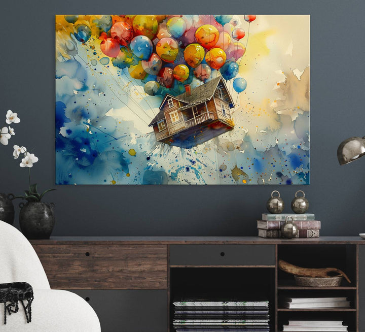 UP-Inspired Floating House with Balloons Triptych Canvas Art – Colorful 3-Panel Wall Decor for Living Room, Office, or Nursery