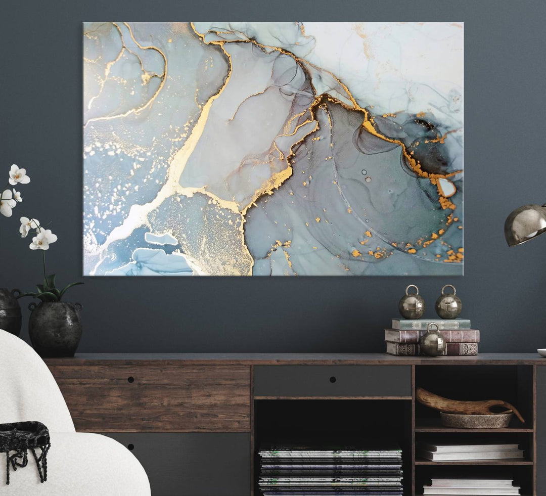 A blue and gold marbled Large Abstract Marble Wall Art Canvas Print hangs overhead.