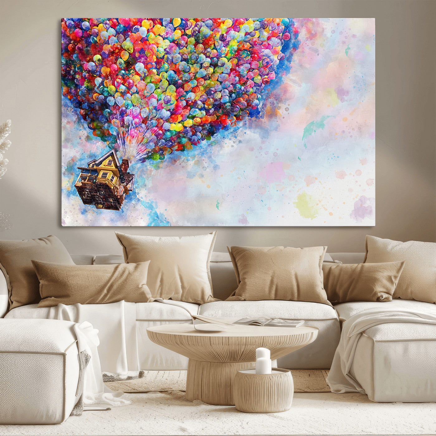 MGV-CV-36X24 - Don't Look Up Movie Canvas Wall Art - Vibrant Floating House and Balloons Scene, Tribute to Iconic