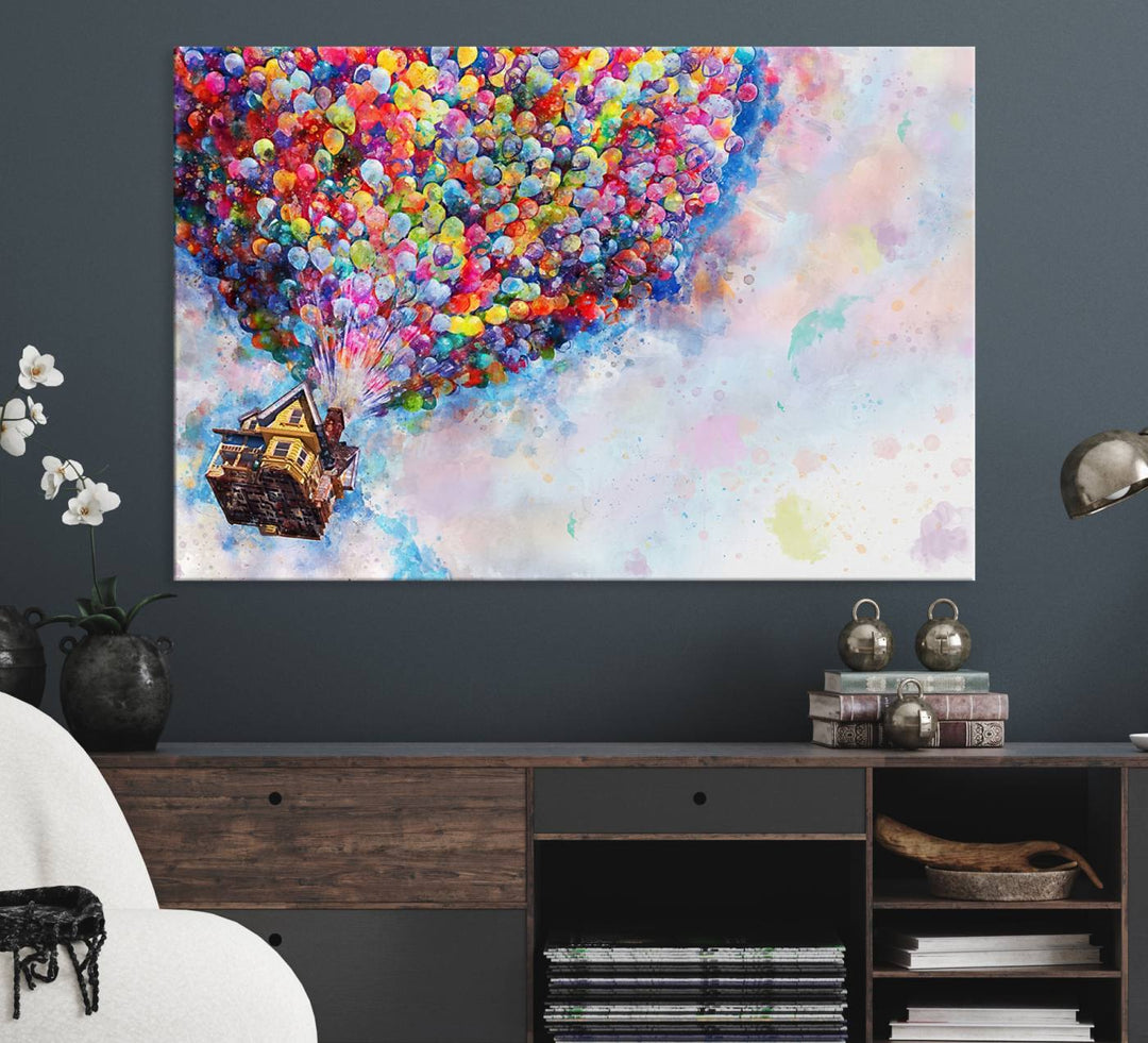 The Dont Look Up canvas wall art, featuring a house and balloons, brightens the kitchen wall.