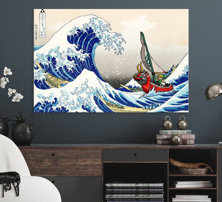 The Katsushika Hokusai Kanagawa Giant Wave Canvas print captures a vibrant sailing scene.