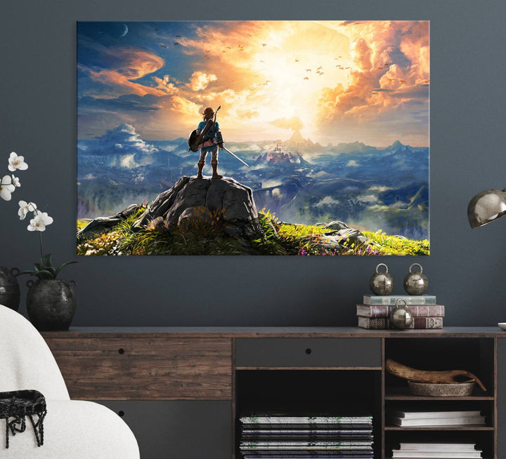 A vibrant Legend of Zelda Breath of the Wild canvas print depicts a figure standing on a rock with mountains and sky in the background.