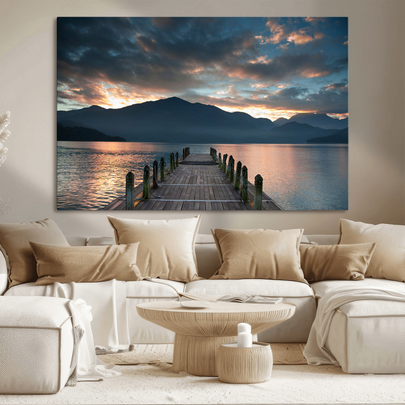 MGV-CV-36X24 - Mountain Lake Wood Pier Canvas Wall Art Nature Lake Print