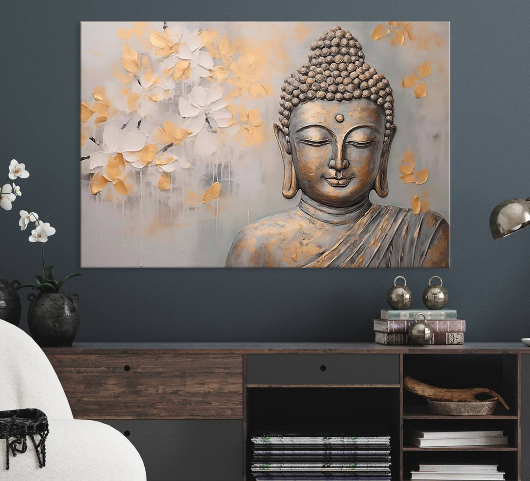 The serene dining room features Abstract Buddha Statue Wall Art.