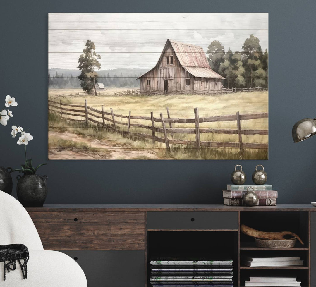 The wall is adorned with a Rustic Farmhouse Barn Wall Art.