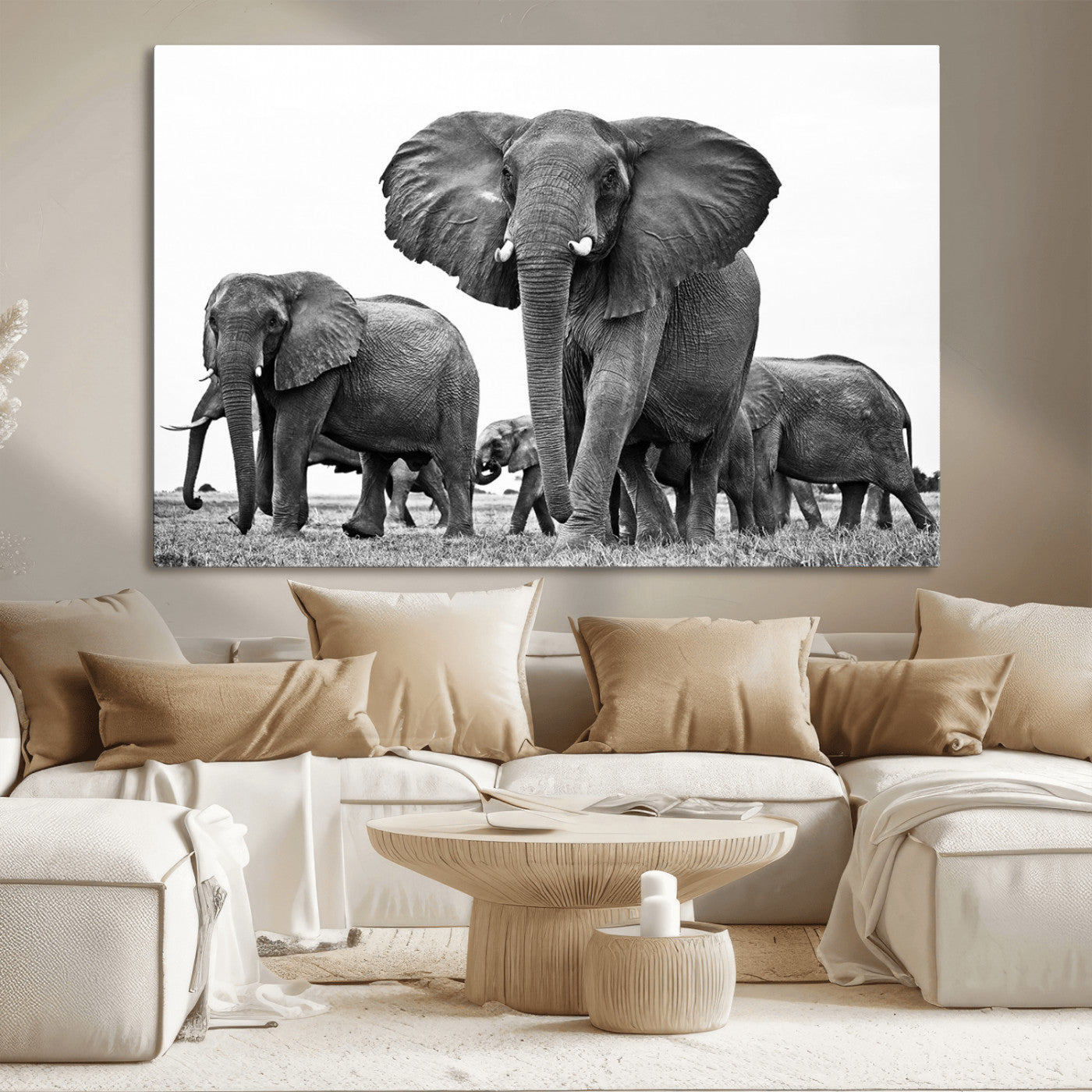 MGV-CV-36X24 - Black White Elephant Family Wall Art Canvas Print