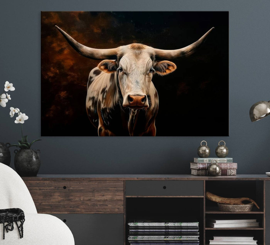 A large 3-panel Texas Longhorn canvas print dominates the space.