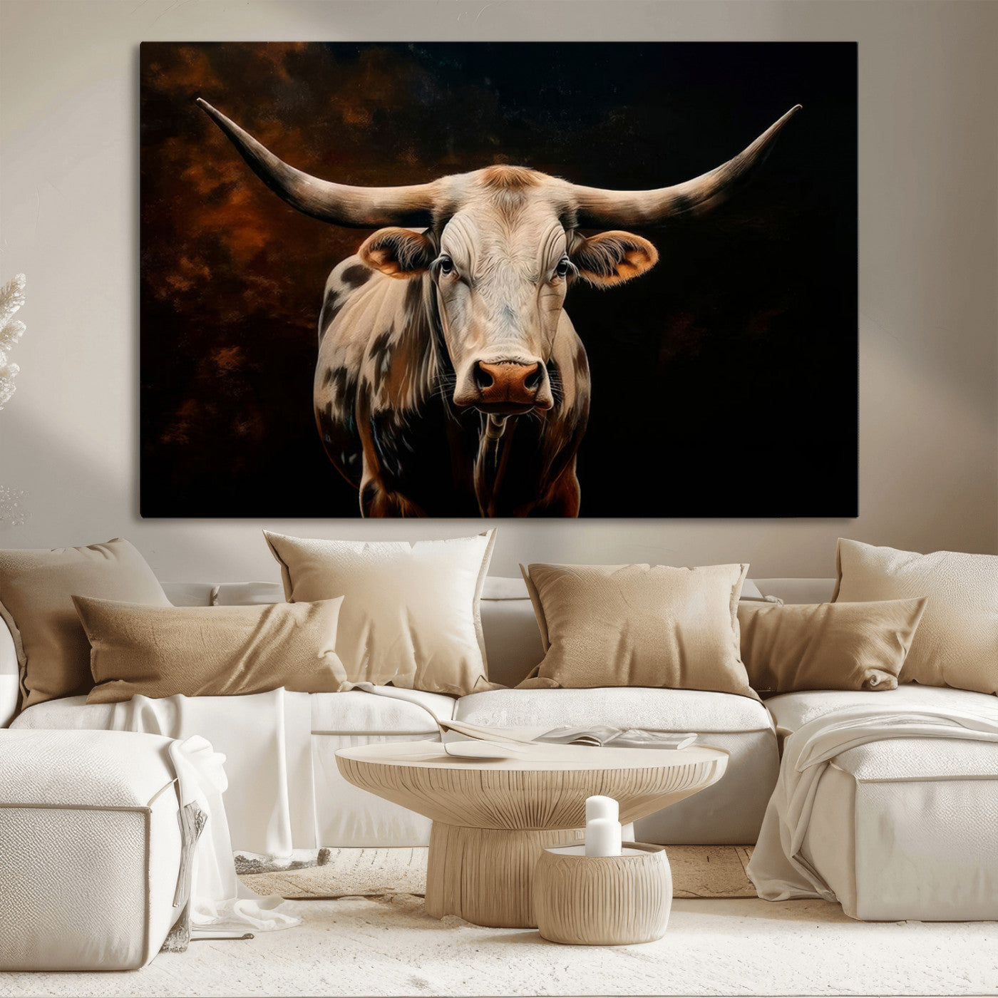MGV-CV-36X24 - Texas Longhorn Wall Art | 3-Panel Large Texas Longhorn Canvas Print for Living Room, Office, or Farmhouse Decor | Framed Giclee Longhorn Wall Art