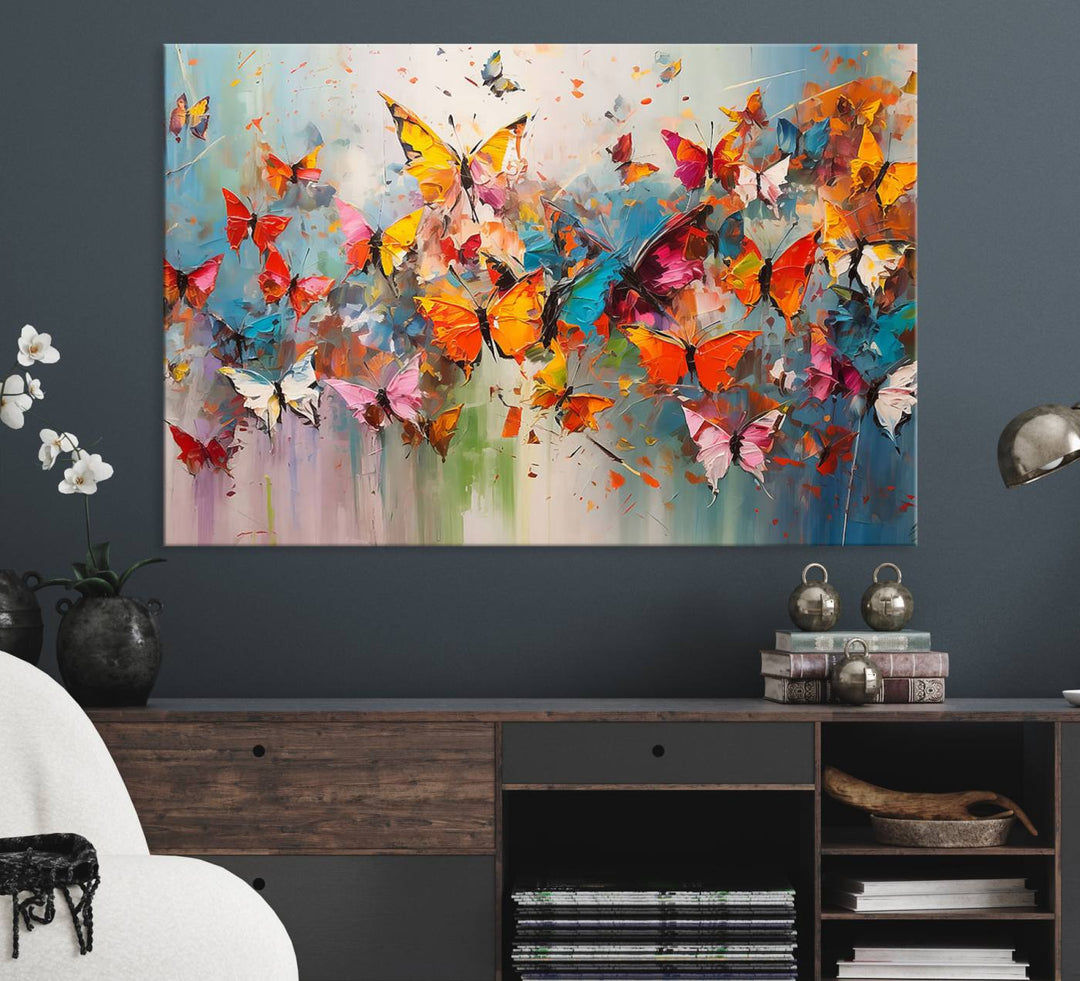 The Abstract Butterfly Wall Art Canvas Print hangs prominently, adding a touch of elegance and creativity to the room.