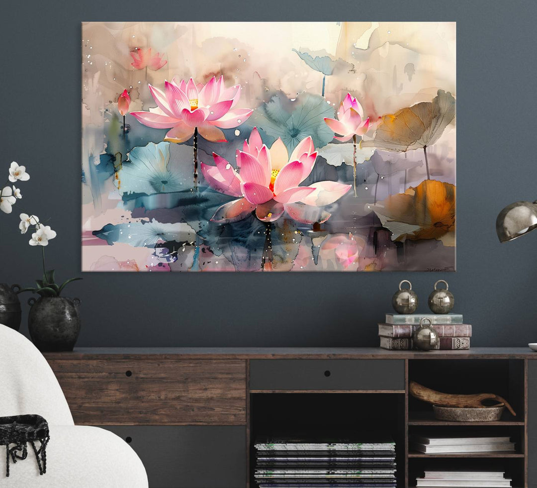 A pink lotus wall art adorns the space.