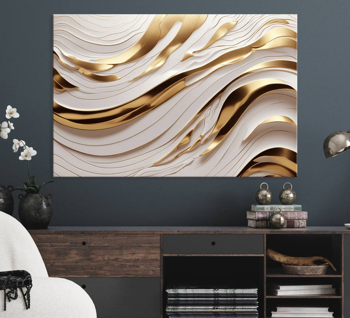 A Gold and White Abstract Wave Canvas with luxurious golden accents.