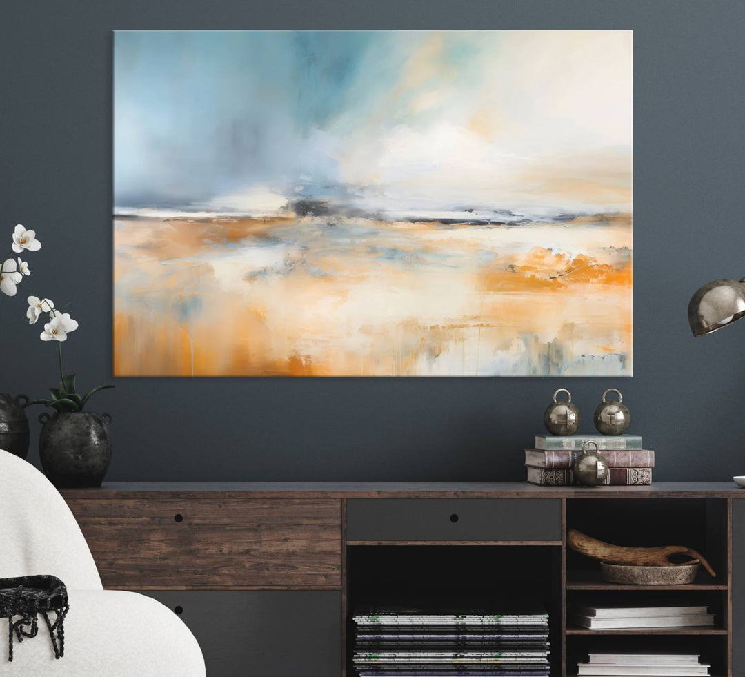 Abstract Landscape Wall Art in warm tones of orange and blue.