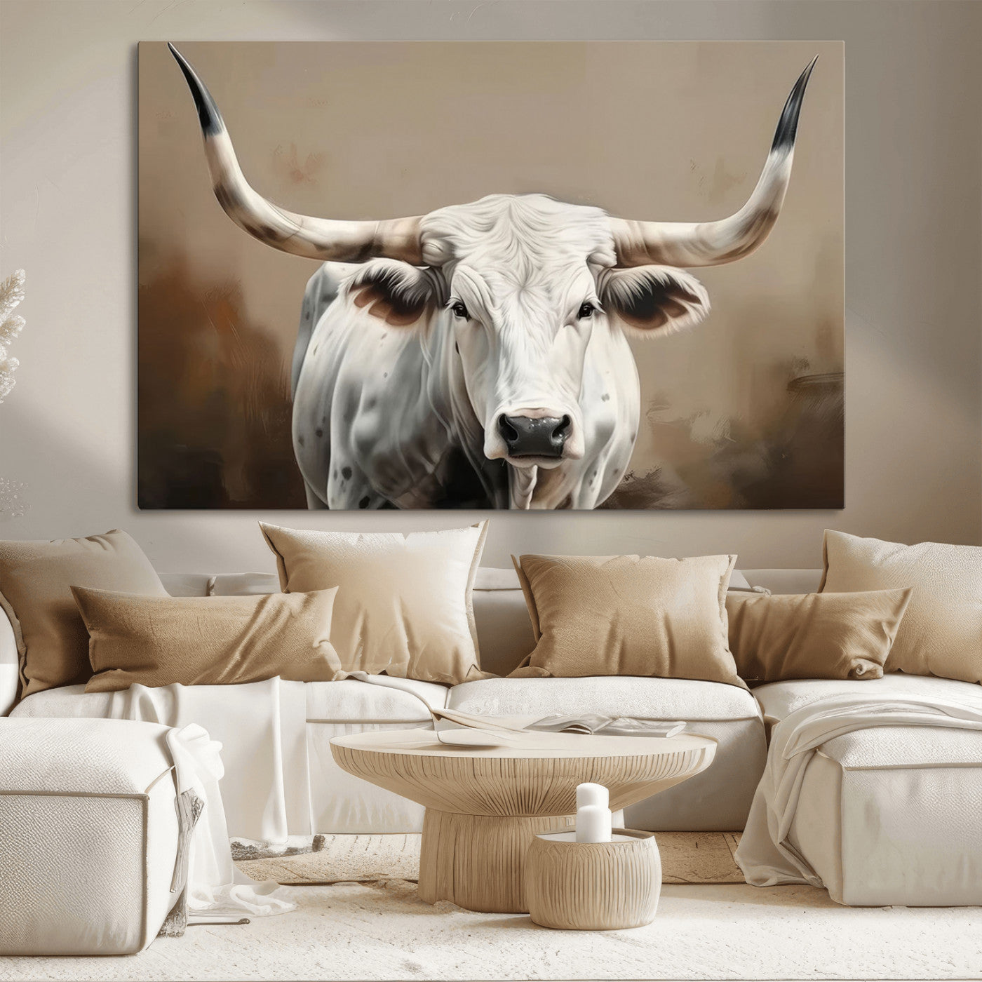61423-MGV-CV-36X24-White Longhorn Bull Wall Art Canvas Print – Framed and Ready to Hang – Perfect for Farmhouse and