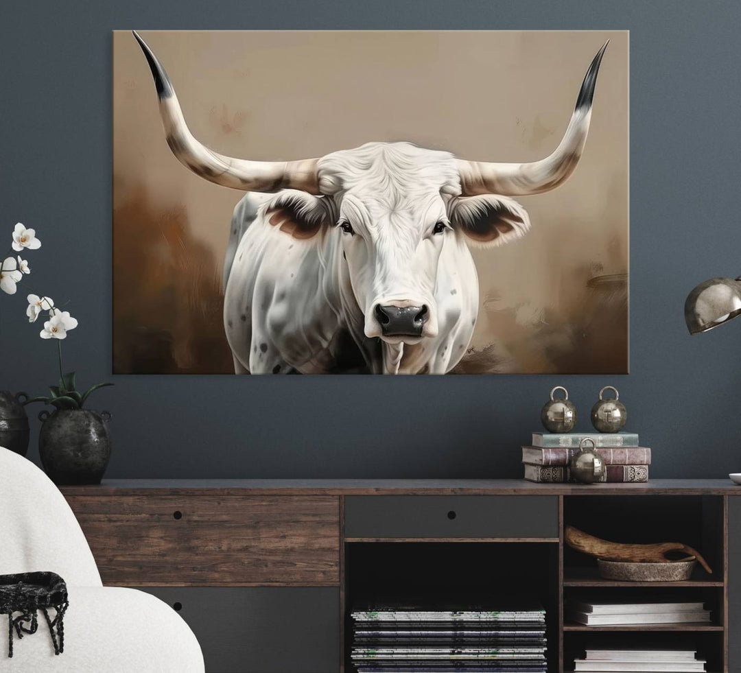 The kitchen features a striking canvas print of a Longhorn Bull.