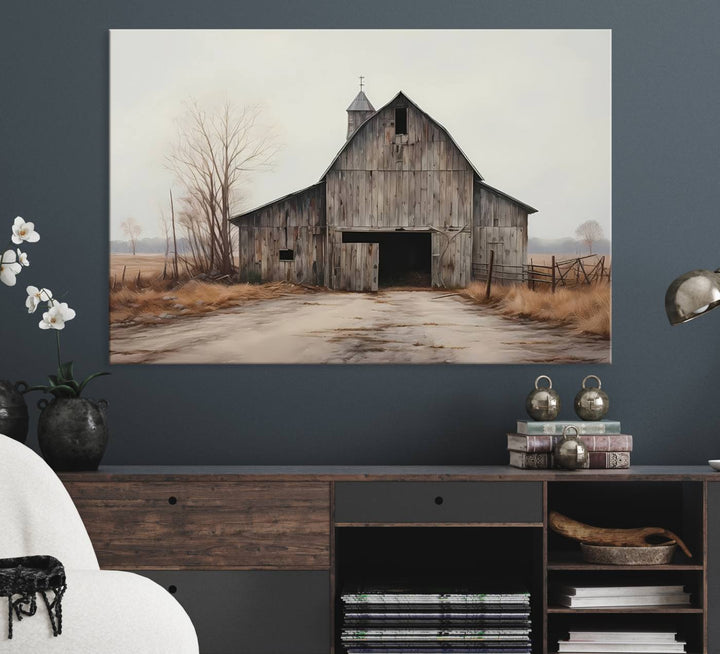 The Farmhouse Rustic Barn Wall Art Canvas Print, framed and ready to hang, enhances the farmhouse décor.