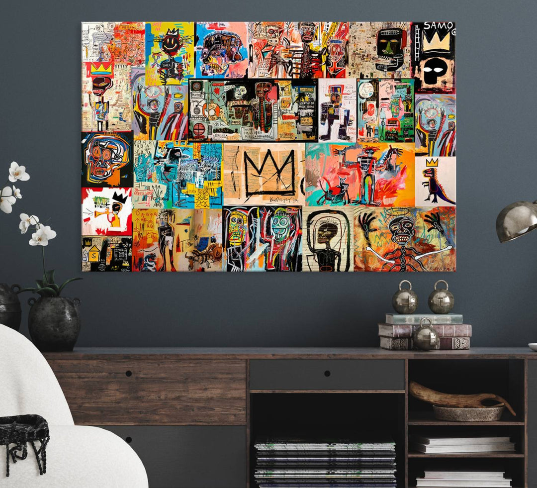 A Basquiat graffiti-style collage adorns the wall.