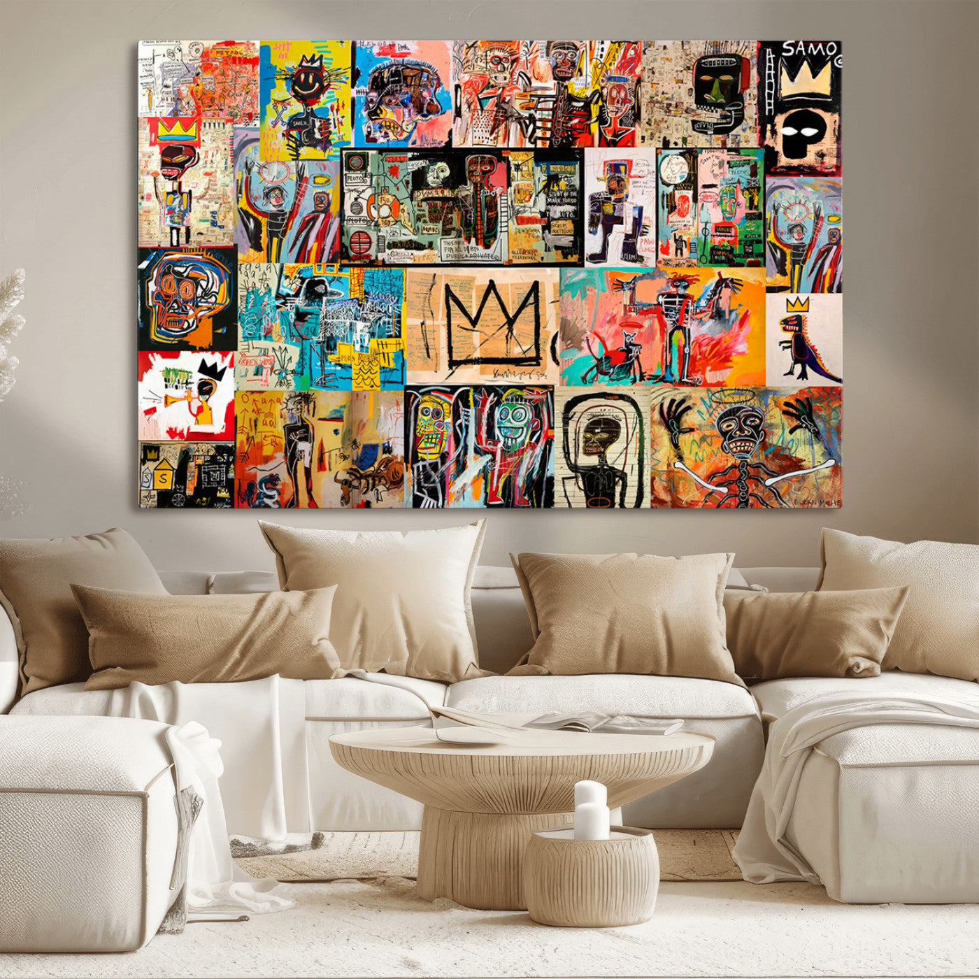 MGV-CV-36X24 - Basquiat Art Collage Wall Art Canvas Print – Framed, Ready to Hang, Urban Graffiti Style
