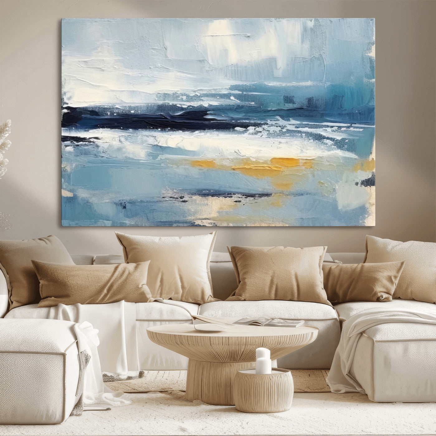 MGV-CV-36X24 - Abstract Ocean Canvas Wall Art - Coastal Blue and Gold Textured Painting, Modern Seascape Decor for Living Room Decor