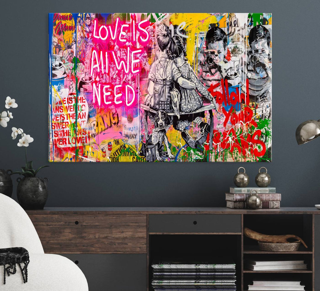 A vibrant Follow Your Dreams graffiti wall art adds a dynamic touch to the living room.