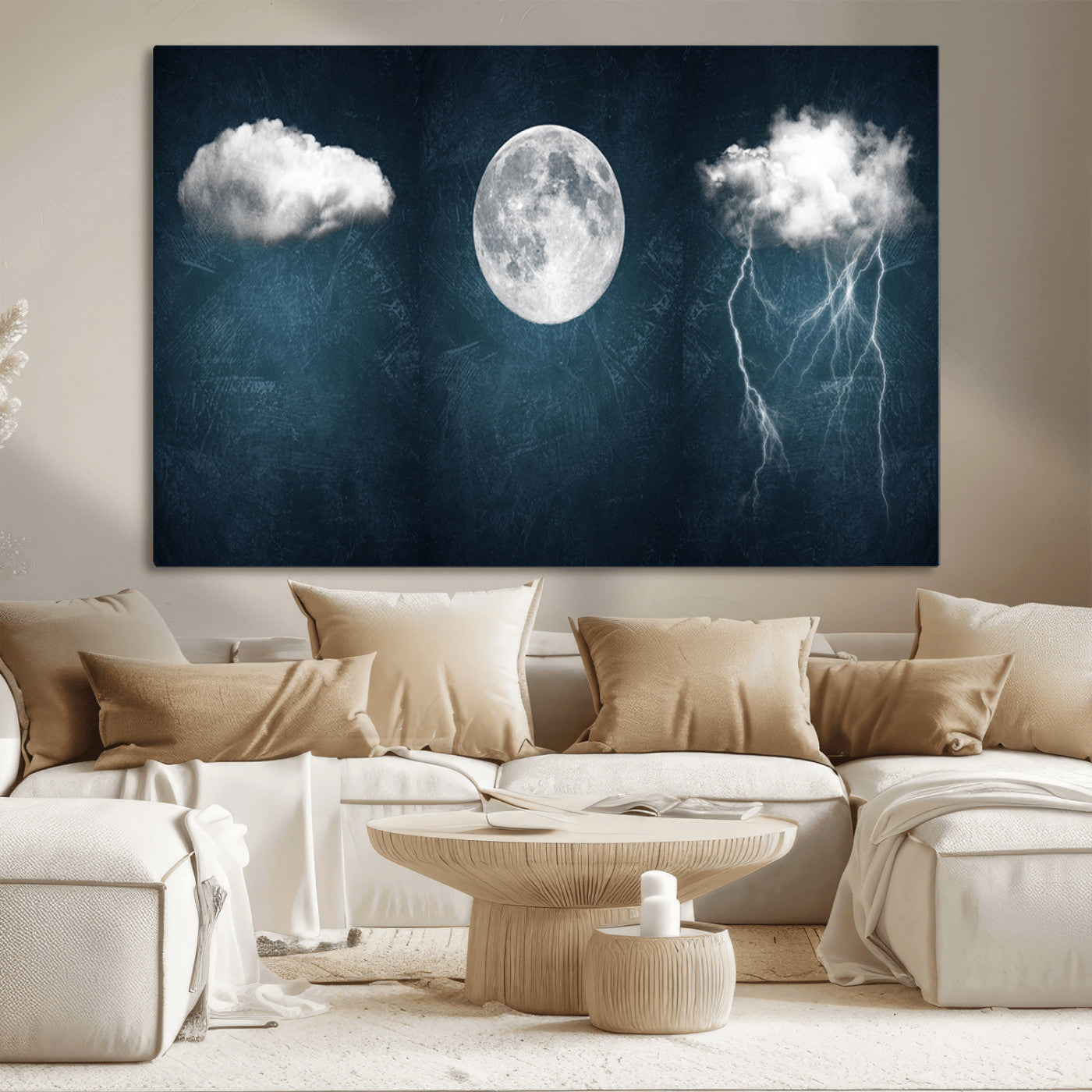 MGV-CV-36X24 - 3 Piece Indigo Cloud Wall Art, Thunderstorm Moon Cloud Artworks