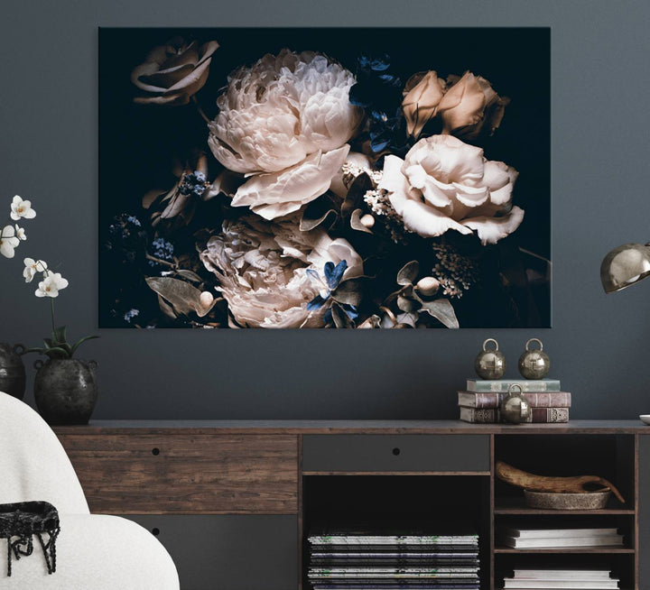 A large canvas art print of pink peonies flowers adds a vibrant touch to the space.