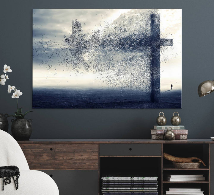 The Jesus and the Fading Cross wall art portrays a moody landscape.