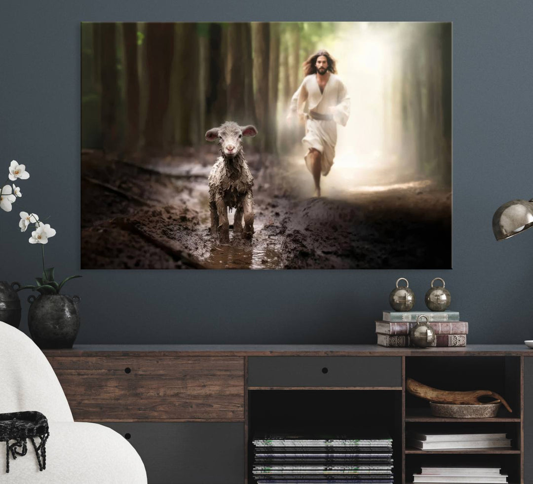 The Jesus Running After Lost Lamb canvas wall art adds a touch of spiritual significance.