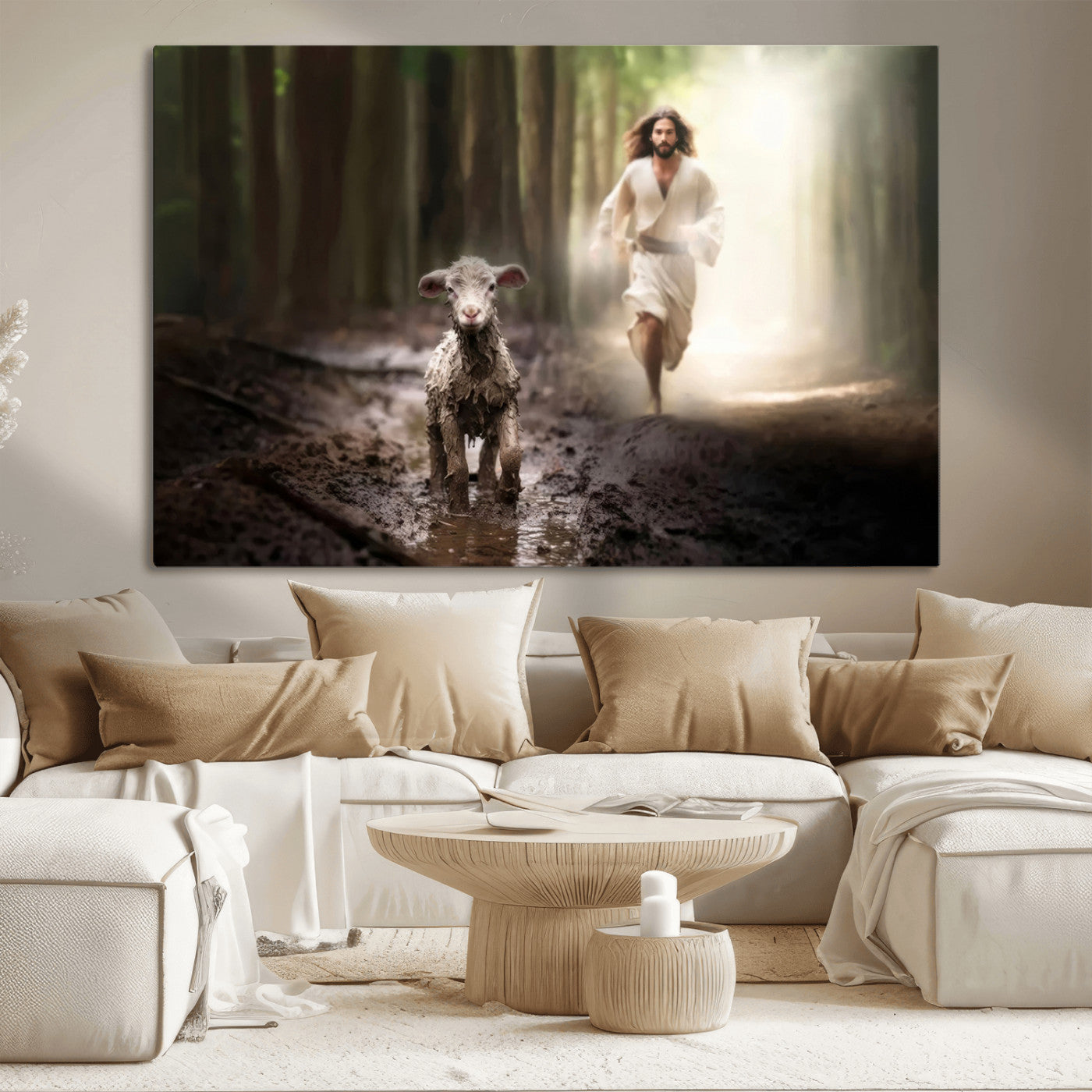 MGV-CV-36X24 - Jesus Canvas Wall Art - Jesus Running After Lost Lamb, Jesus, Christian Home Decor - Church Wall Art