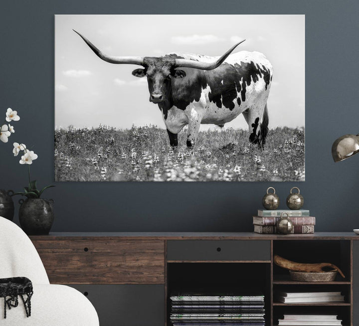 Texas Black White Highland Longhorn Cow Wall Art Canvas displayed on the wall.