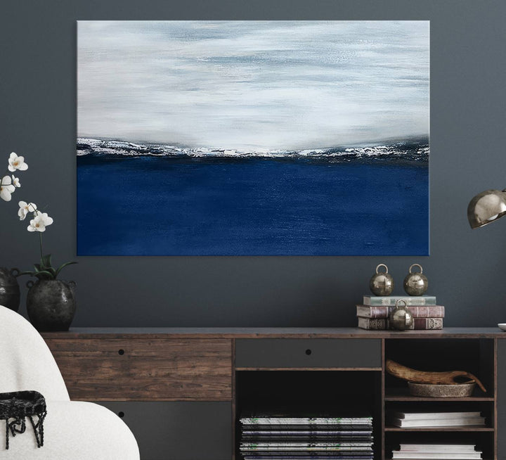 A Navy Blue Abstract Wall Art Canvas Print is displayed above the backsplash.