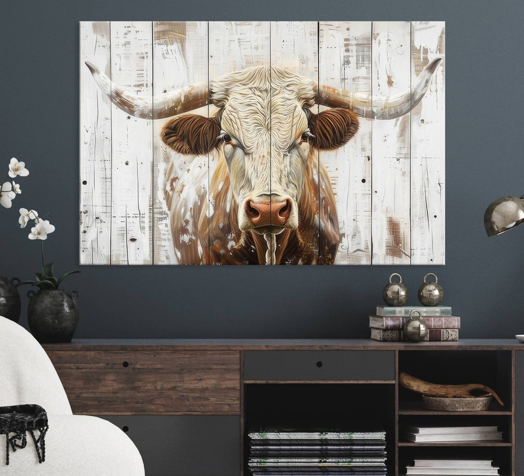 A Western-inspired Rustic Longhorn Bull Wall Art Canvas Set.