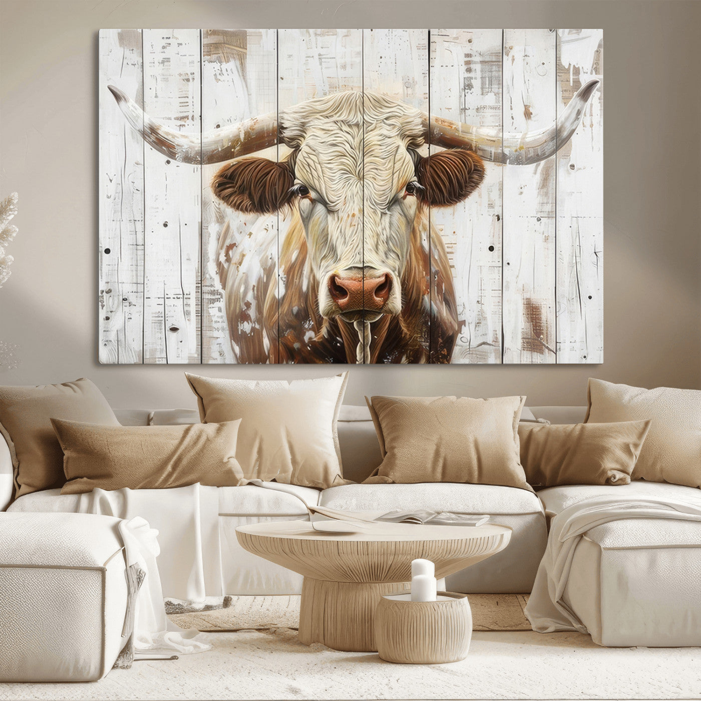 71551-MGV-CV-36X24-Rustic Longhorn Bull Wall Art Canvas Set – Western-Inspired Farmhouse Décor - Ready to Hang
