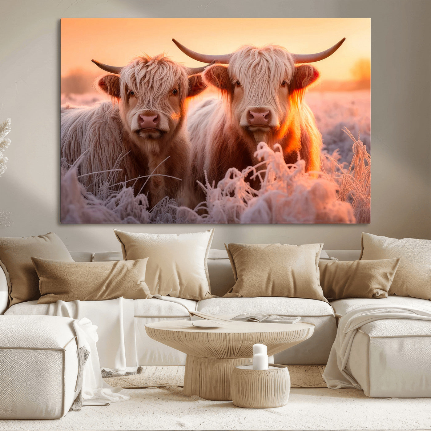 68253-MGV-CV-36X24-Highland Cows at Sunrise Wall Art Canvas Set – Serene and Rustic Farmhouse Decor