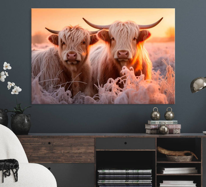 Highland Cows at Sunrise Wall Art adds serene rustic farmhouse charm.