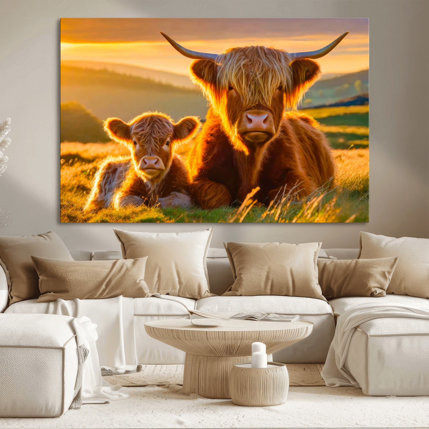 20567-MGV-CV-36X24-Scottish Cow and Baby Cow Canvas Wall Art Animal Print Fluffy Cattle Framed Farmhouse Decor
