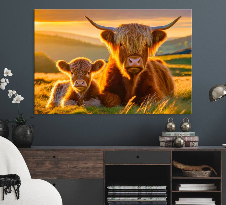 The Scottish Cow and Baby Cow Canvas Wall Art captures sunset fields.