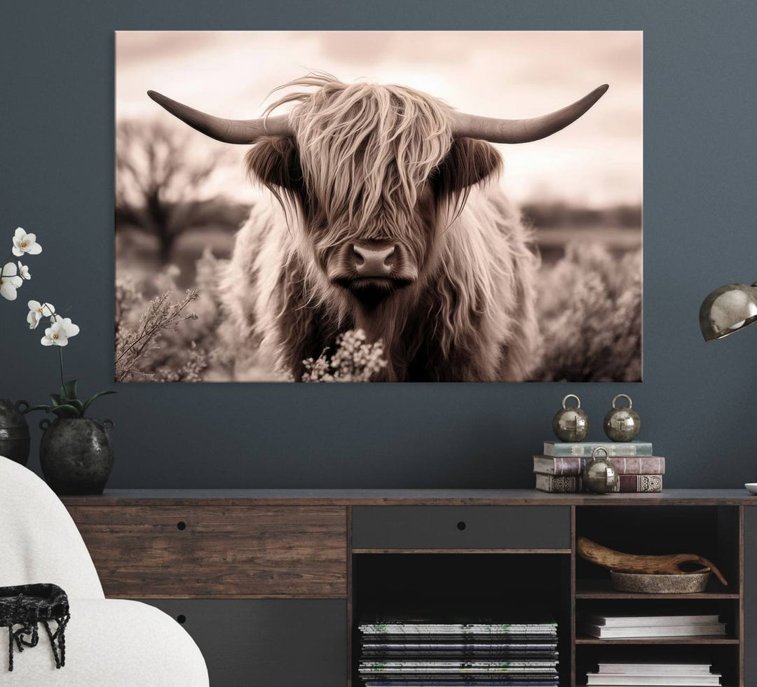 The Scottish Cow Longhorn Wall Art Canvas Print adds charm to the kitchen.