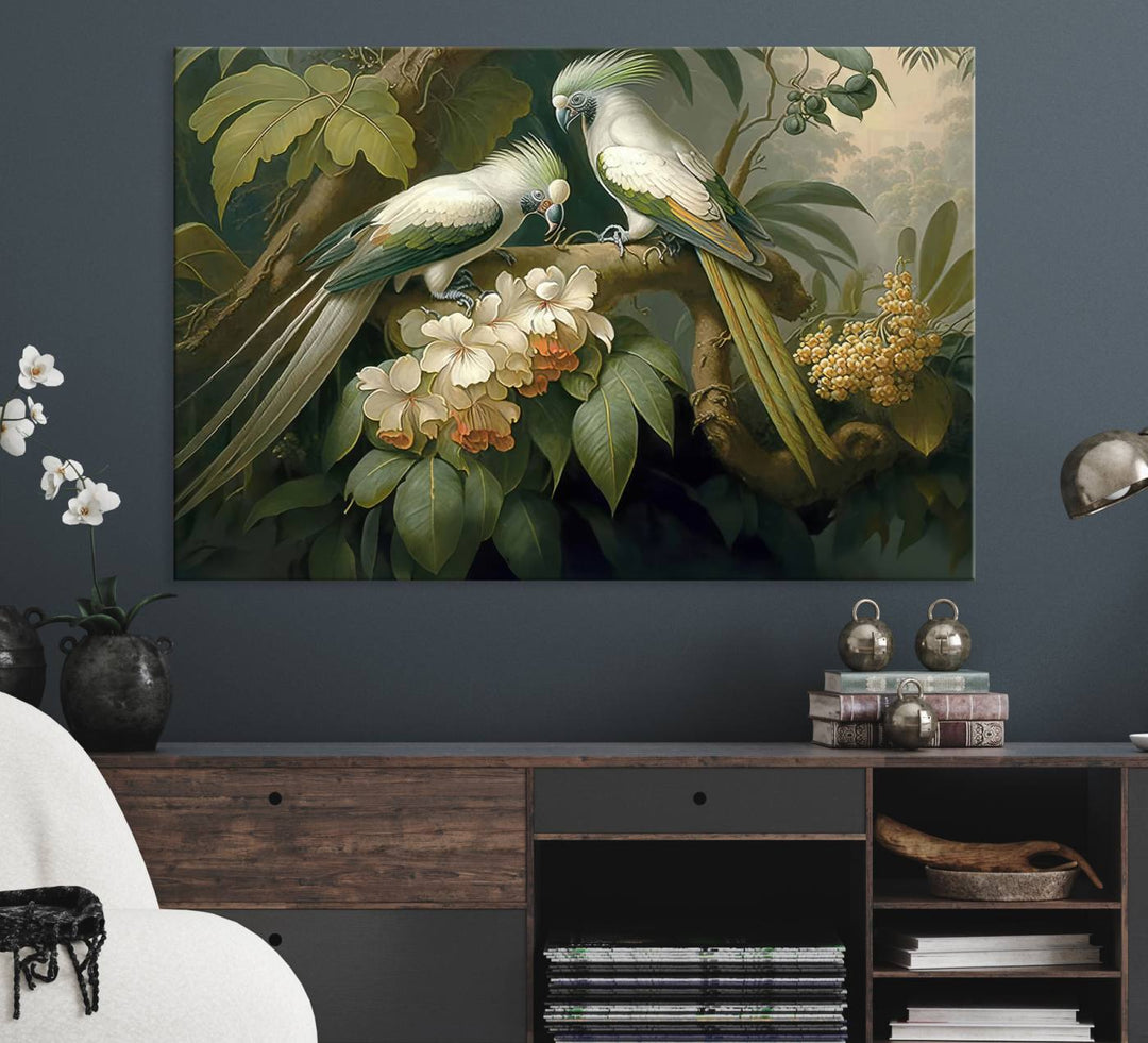 The Tropical Paradise Wall Art features a parrot in a lush forest.