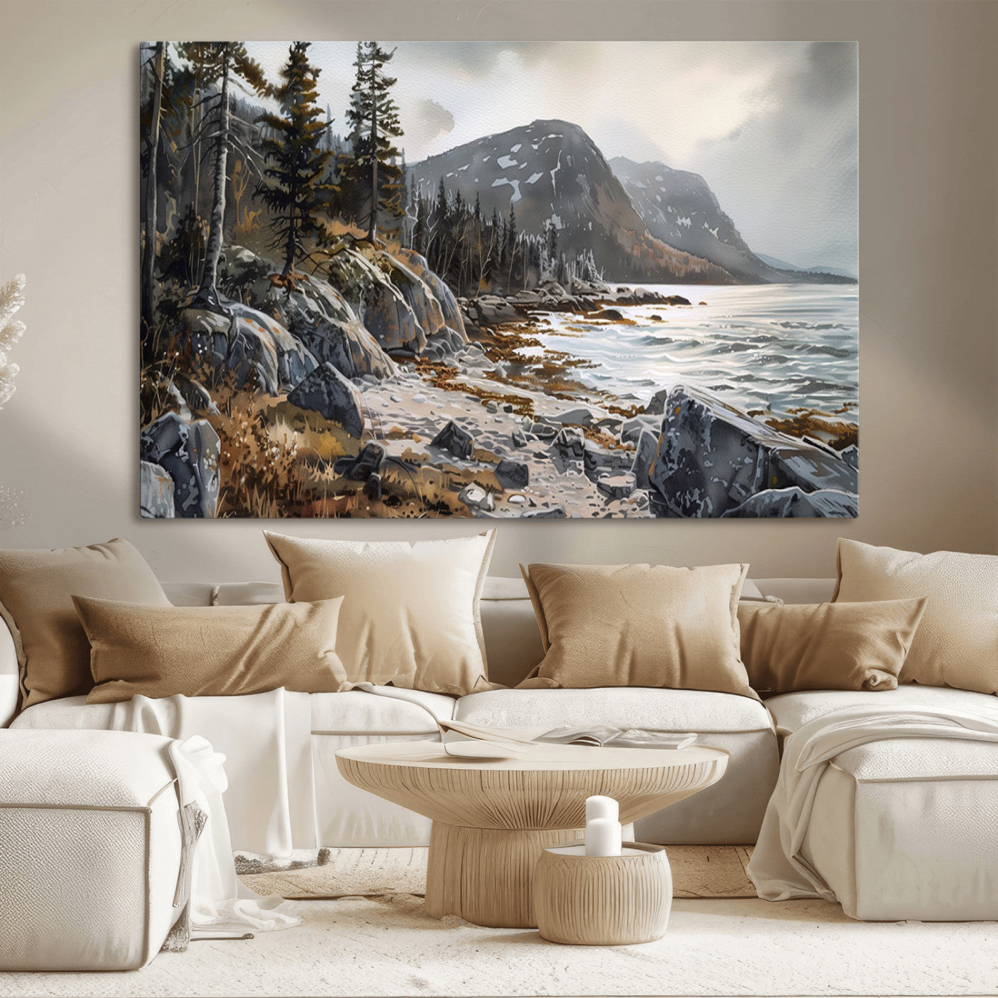 -Serene Coastal View of Acadia National Park - Stunning 3-Panel Wall Art Canvas Print, Framed, Ready