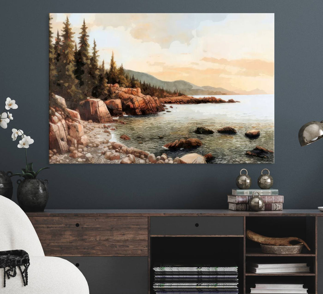 The Serene Coastal View of Acadia National Park 3-panel canvas, framed and ready to hang, adorns the wall.