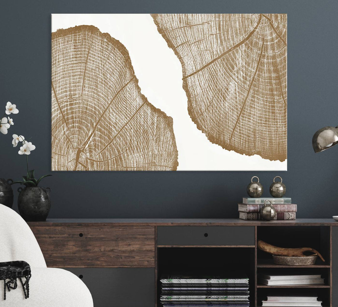 The rustic wall art features two large tree rings, beautifully framed and displayed to create a nature-inspired décor.