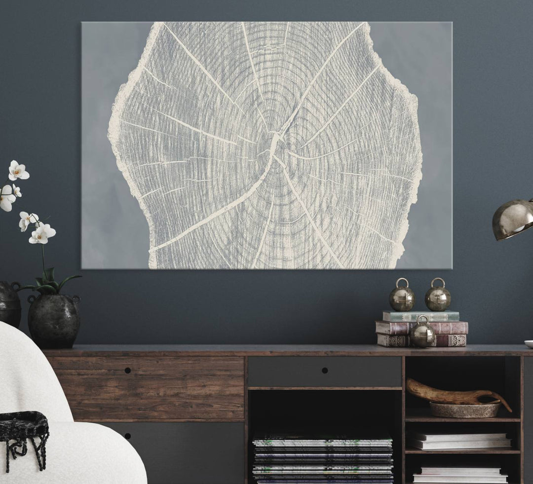 A gray wall displays the Abstract Tree Ring Wall Art print.