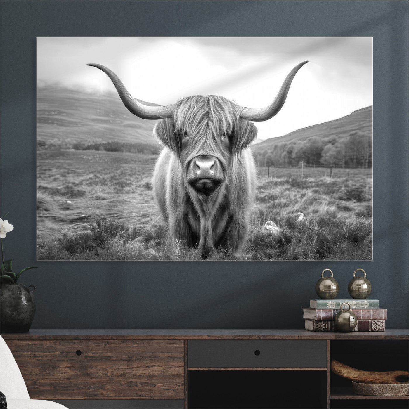 Black White Scottish Highland Cow Canvas Farm Wall Art Canvas Print