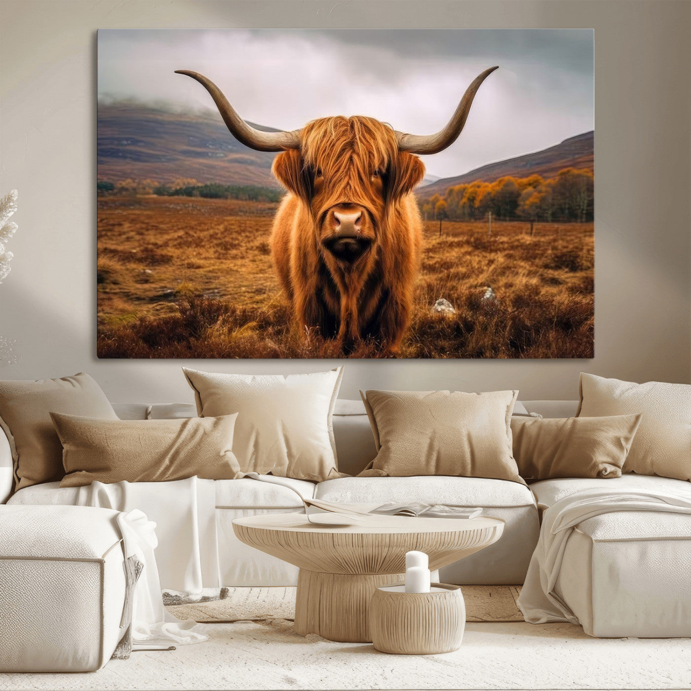 65529-MGV-CV-36X24-Highland Cow Longhorn Wall Art – Rustic Canvas Print, Framed and Ready to Hang for Farmhouse Décor