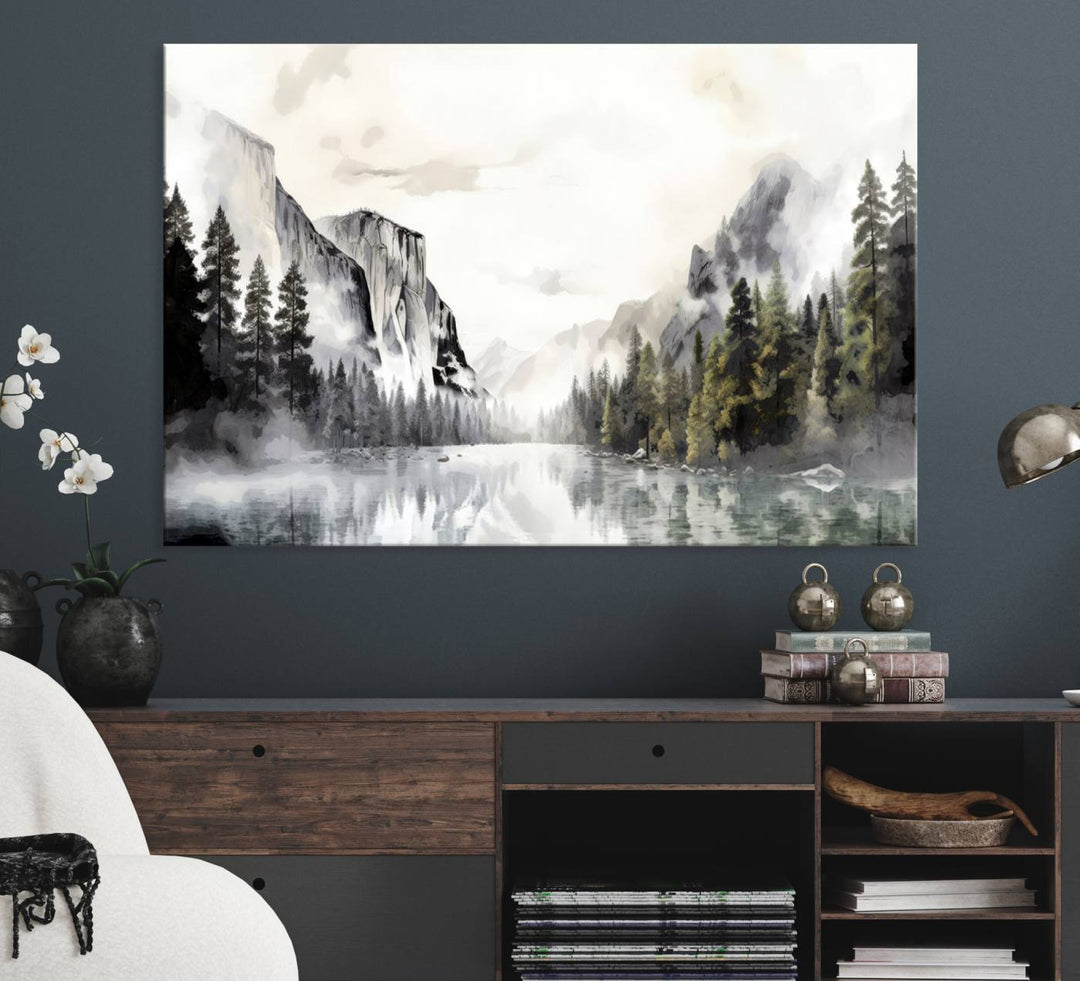 The Yosemite Valley Wall Art Canvas Print, a framed nature décor, is beautifully displayed.