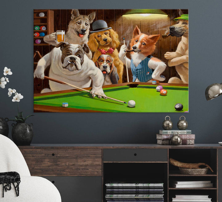 Dogs Playing Pool Canvas Wall Art: This artwork depicts a room where dogs are engaged in a game of pool. One dog is poised to cue while others observe the scene.